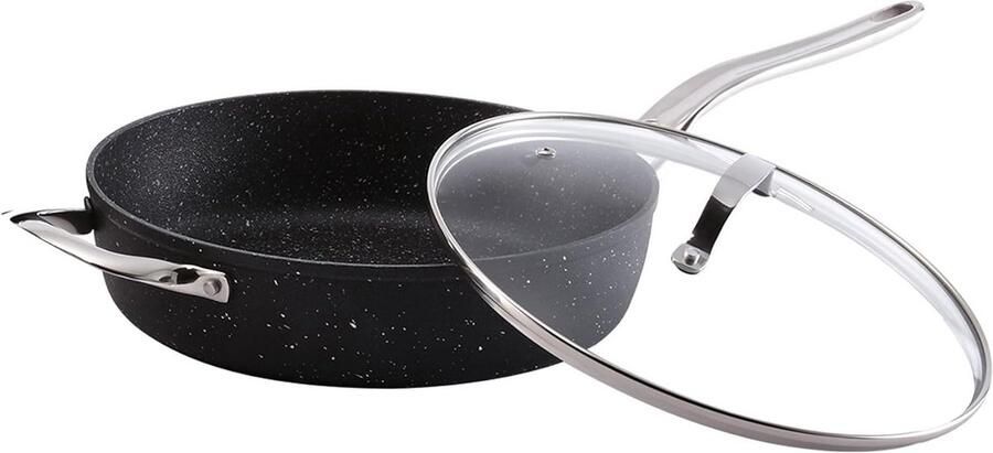 Diepe Braadpan 11 inch met Glazen Deksel en Roestvrijstalen Handgrepen – Zwart Anti-Aanbakoppervlak voor Hogere Duurzaamheid