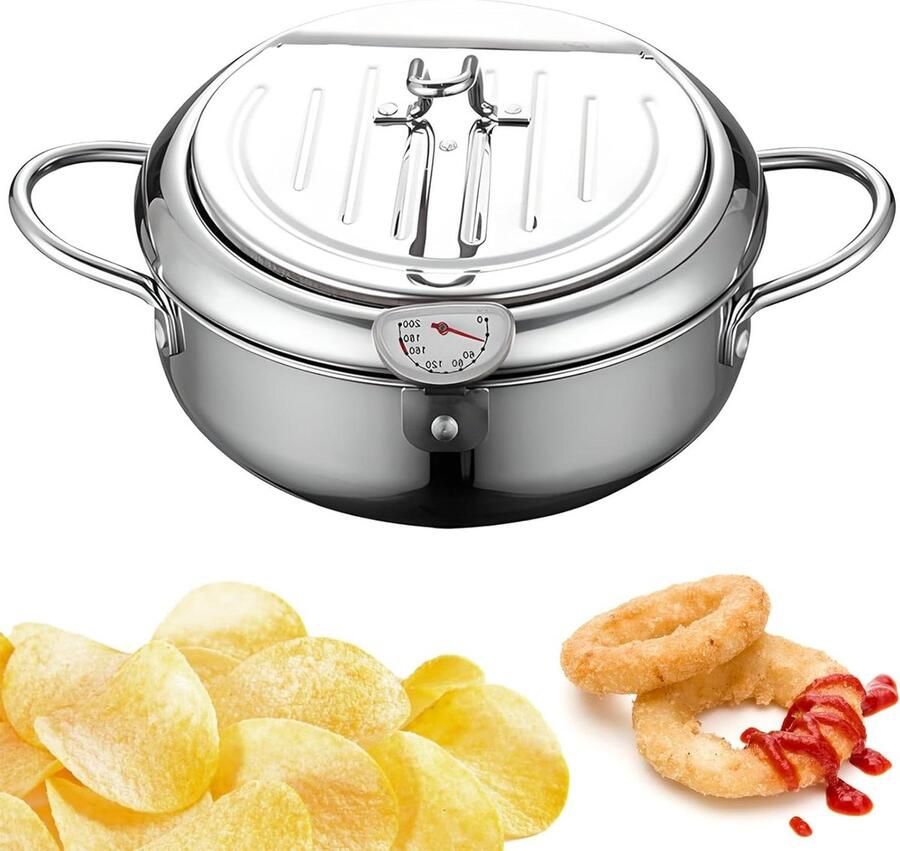 Diepe Friteuse Pot Koekenpan met deksel Thuis Frituren Inclusief thermometer 3.4L Capaciteit Zilver