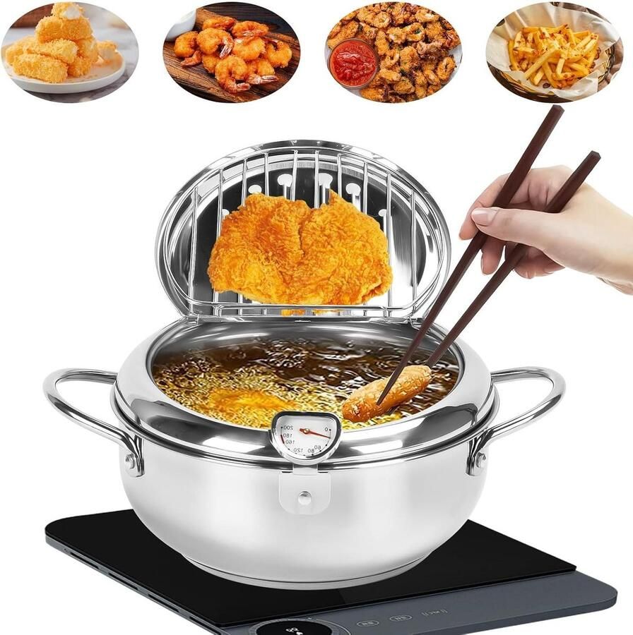 Diepe Frituurpan Frituurpot Deksel Keuken Koken Ingebouwde Thermometer 24cm Zilver