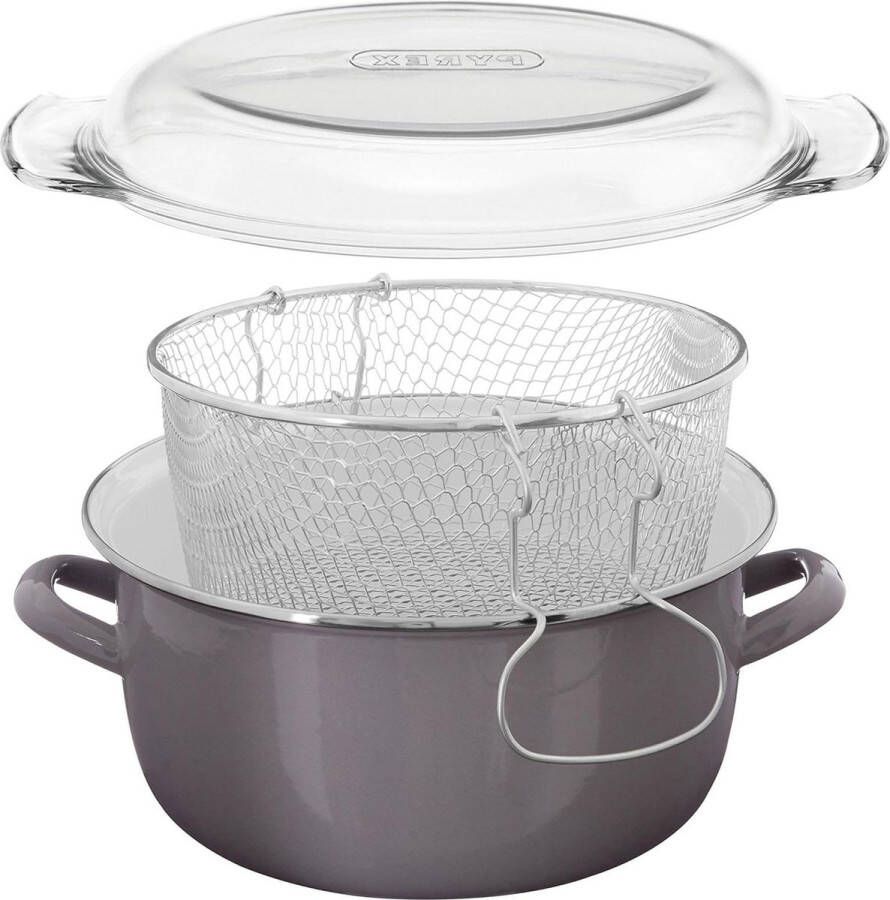 Diepe frituurpan met glazen deksel Grijs Friteuse voor keuken met emaille coating 16 x 33 x 27 cm