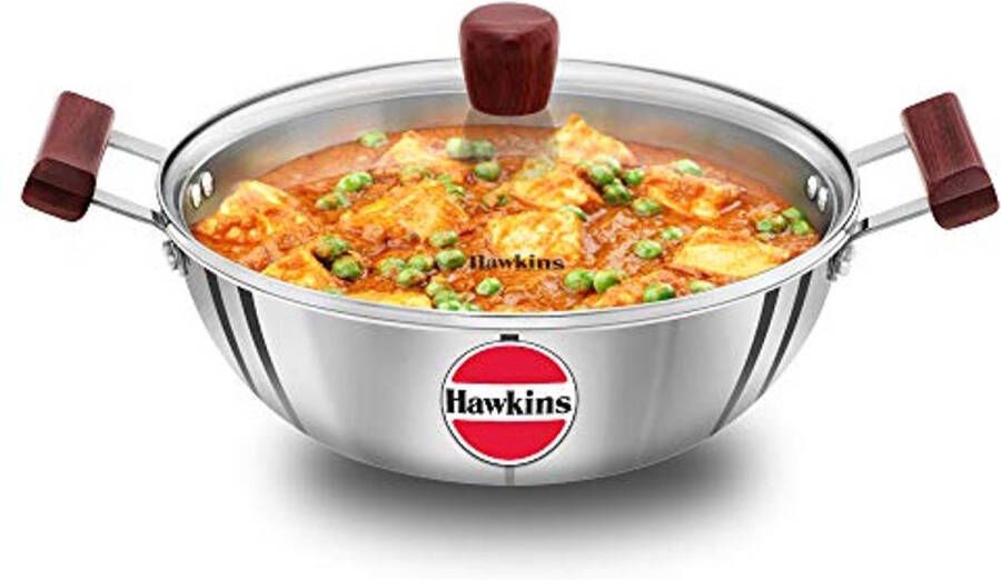 Diepe Kadhai 4 Liter Triply RVS Koken met Glazen Deksel