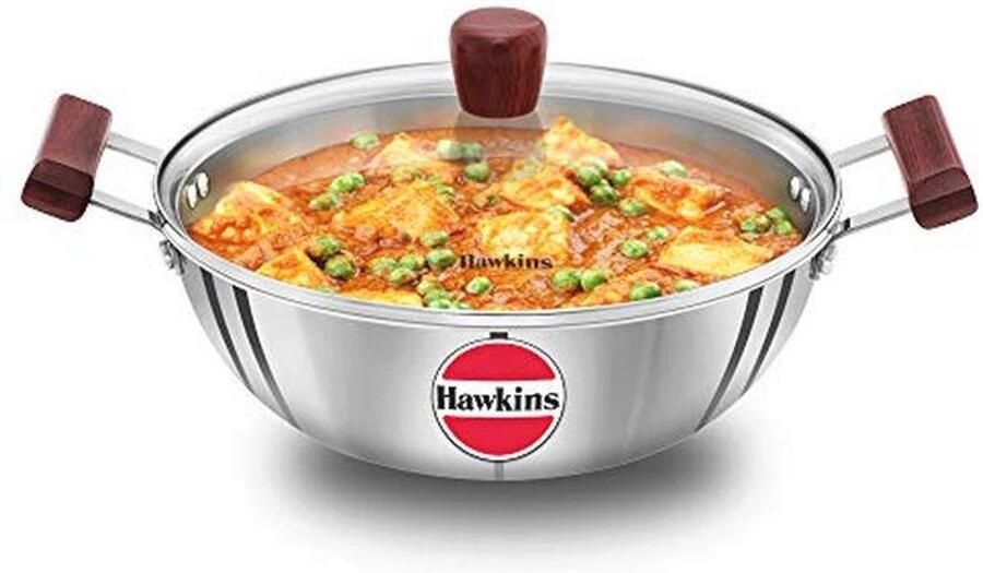 Diepe Kadhai 4 Liter Triply RVS Koken met Glazen Deksel