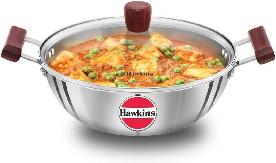 Diepe Kadhai 4 Liter Triply RVS Koken met Glazen Deksel