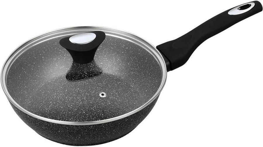 Diepe Koekenpan 24cm Marmerlook Zwart met Deksel Geschikt voor Inductie