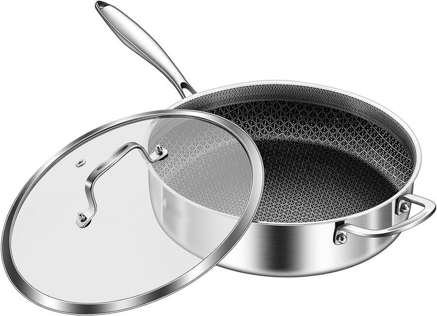 Koekenpan met Deksel Hapjespan Bakpan Gelijkmatig Koken Tri-Ply Roestvrij Staal 30 cm Zilver