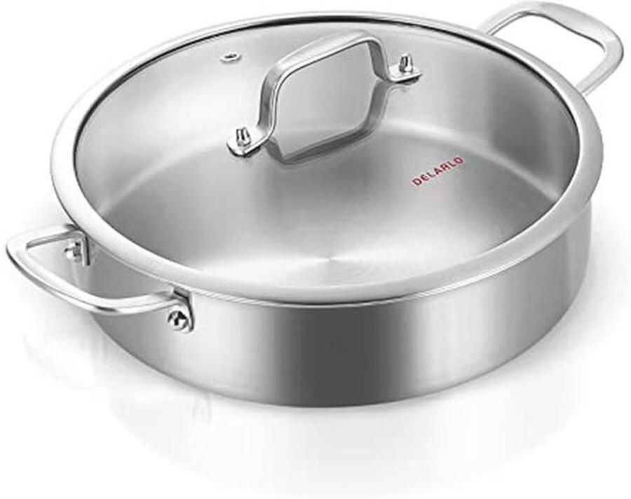 Diepe Koekenpan 6 Qt Inductie Compatibel Vaatwasser en Oven Veilig RVS Sauteerpan met Deksel