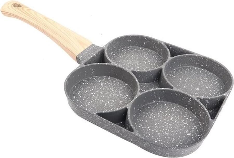 Diepe koekenpan met 4 gaten anti-aanbak ei- en pannenkoekenpan met houten handvat