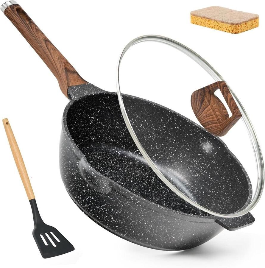 Diepe Koekenpan met deksel Dagelijks Koken Antiaanbak Graniet Coating 305 cm Zwart