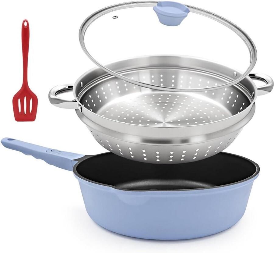 Diepe Koekenpan met deksel Gezonde Maaltijden Bereiden Antikleef Coating 28 cm Blauw