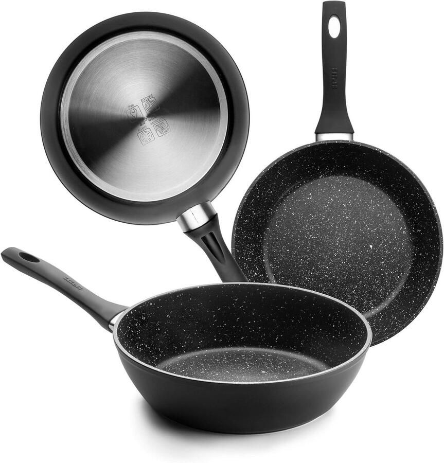 Diepe koekenpan met deksel Lekker koken Antiaanbaklaag met steenmotief 24 cm Zwart