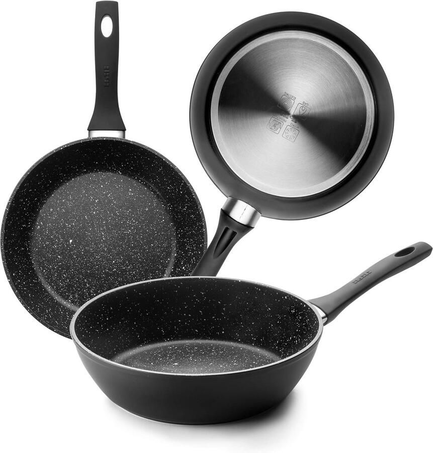 Diepe koekenpan met deksel Lekker koken Antiaanbaklaag steenmotief 24 cm Zwart