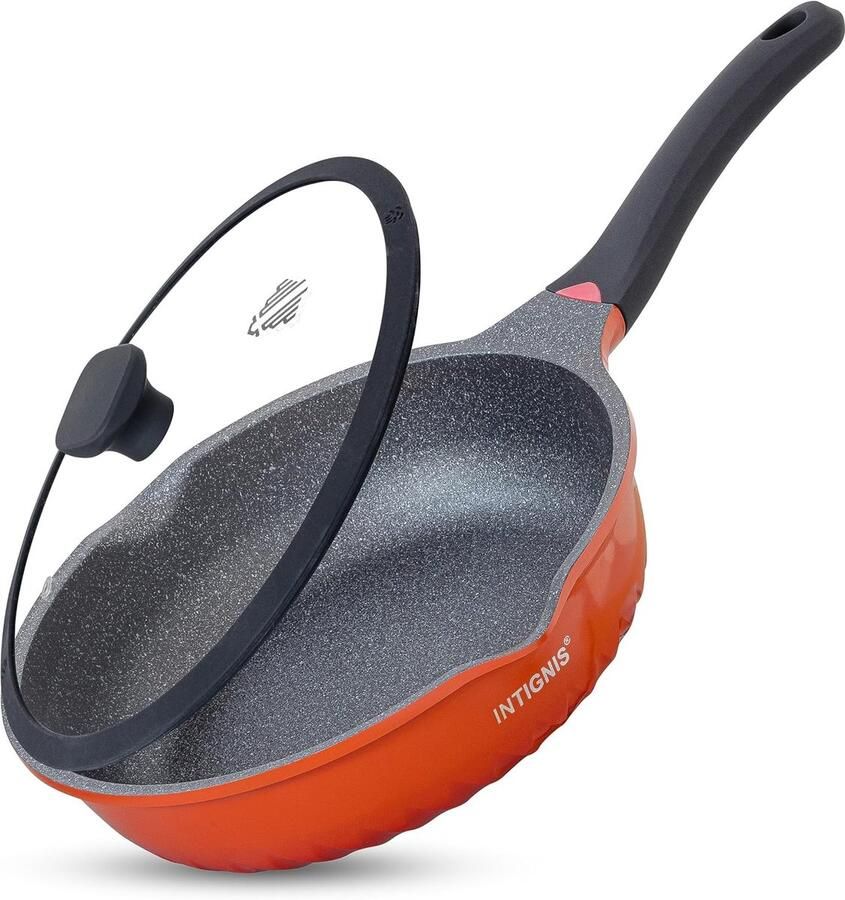 Diepe Koekenpan met Deksel Oranje 30 cm Antiaanbaklaag Voor Frituren Wokken en Koken