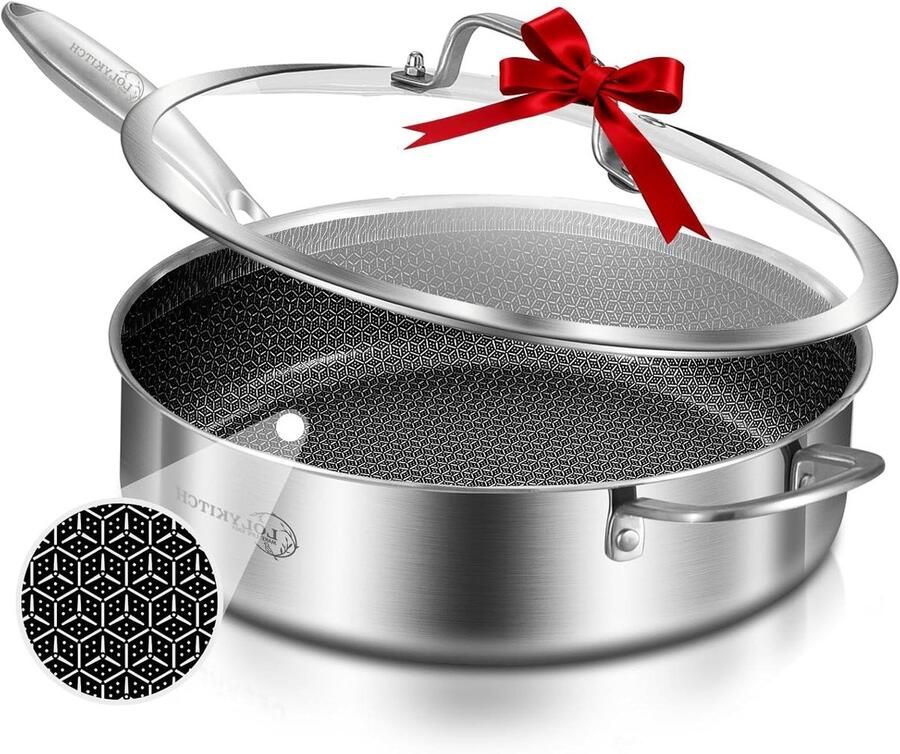 Diepe Koekenpan met deksel Sauteerpan Gelijkmatig Koken Tri-Ply Constructie 6 QT Roestvrij Staal