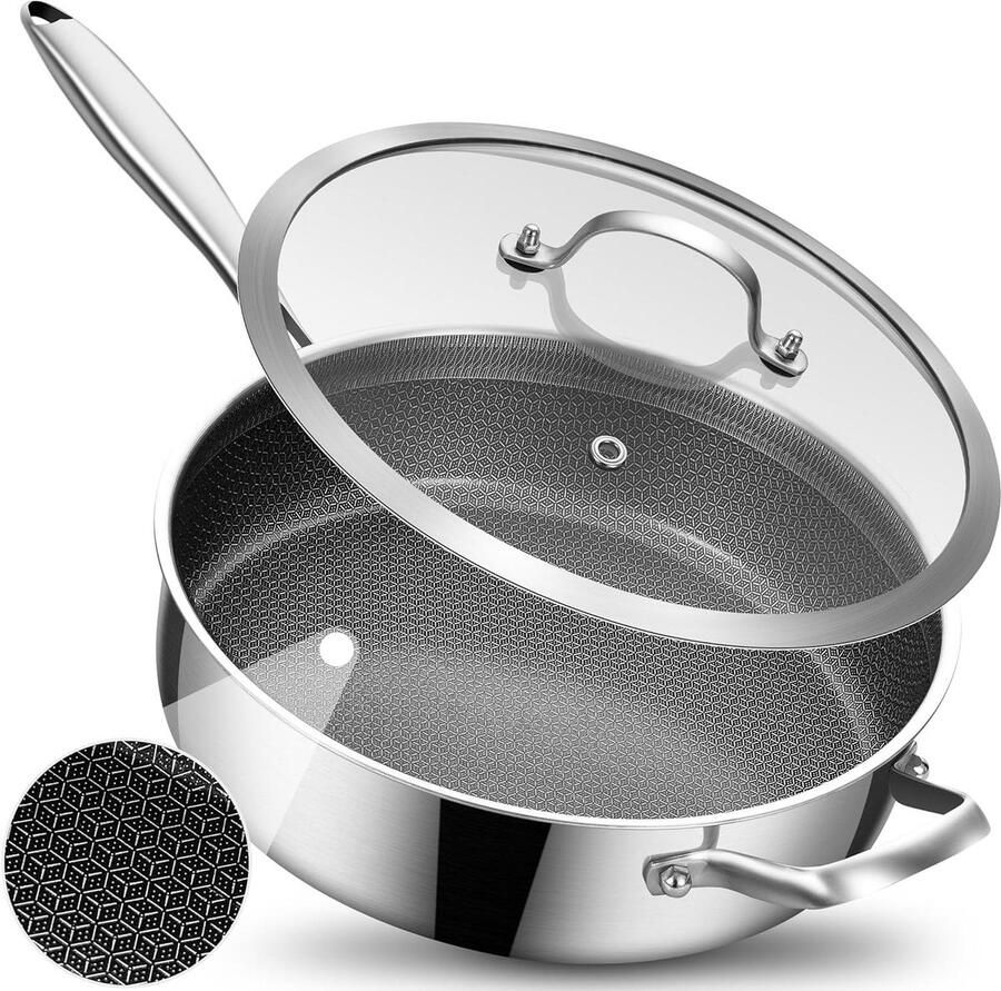 Diepe Koekenpan met deksel Veelzijdig Koken Hybride Keramische Coating 5 Quarts Zilver