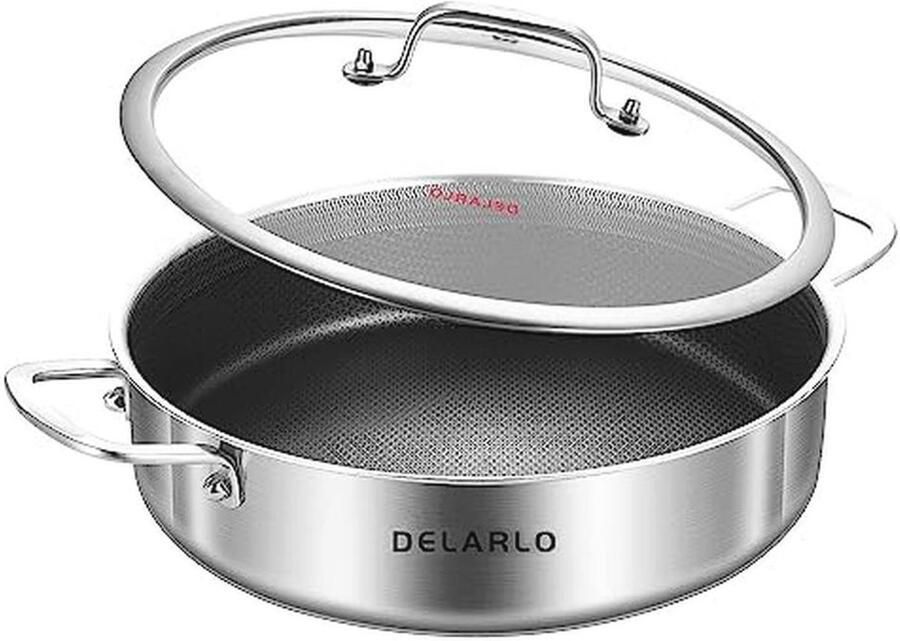 Diepe RVS Saute Pan 3 QT Inductie Compatibele Koekenpan met Deksel Vaatwasser & Oven Veilig