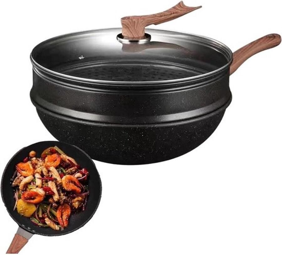 Diepe Wokpan Antiaanbak Koekenpan Allround Koken Inclusief Deksel 36x33x10 cm Zwart