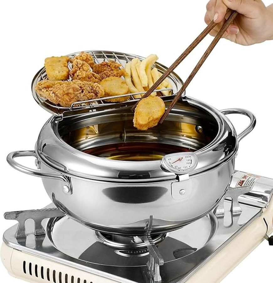 Diepvriespan 304 roestvrijstalen mini-frituurpan met Fahrenheit-thermometer en olie-afvoerraak frituurpan met deksel Japanse-stijl tempura-frituurpan voor tempura-chips vis en kip