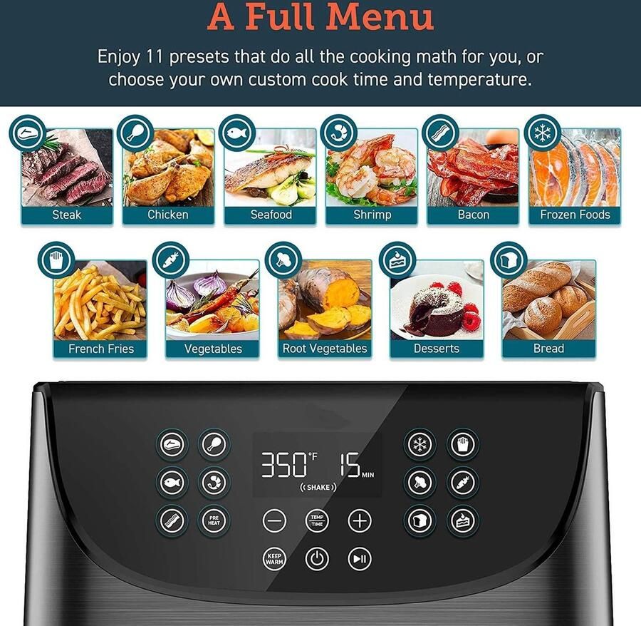 Digitaal Touchscreen Airfryer 5.8QT met 11 Voorgeprogrammeerde Instellingen