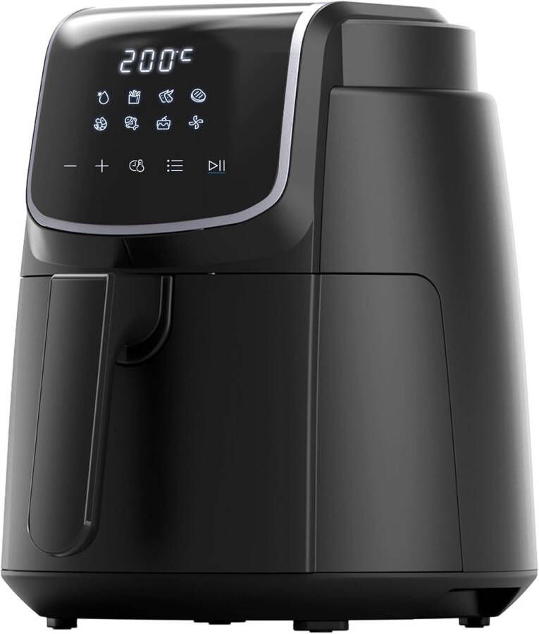 Digitale Airfryer PFAS vrij Groot 4 Liter Heteluchtfriteuse Zwart Digital screen 8 Voorinstellingen Inclusief in hoogte verstelbaar Grillrack 1500W 35-200°C voor Bakken braden grillen ontdooien schudalarm