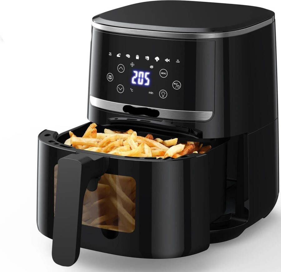 Digitale Airfryer PFAS vrij Groot 5 Liter Heteluchtfriteuse Inclusief in hoogte verstelbaar Grillrack 2000W Zwart Digital screen 8 Voorinstellingen