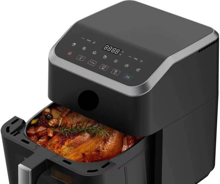 Digitale Airfryer PFAS vrij Groot 7 Liter Heteluchtfriteuse Zwart Digital screen 7 Voorinstellingen Inclusief in hoogte verstelbaar Grillrack 90% minder olie HeatXpress-technologie