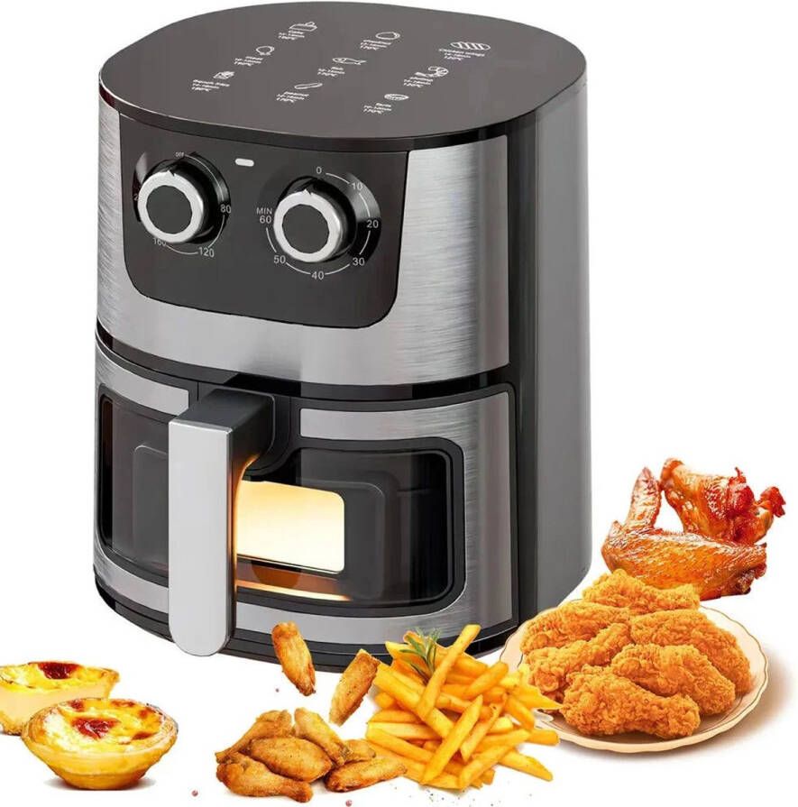 Digitale Airfryer PFAS vrij Groot 7 Liter Heteluchtfriteuse Zwart Digital screen Inclusief in hoogte verstelbaar Grillrack met Touch Control non-Basket & Zichtbare vensters Familieformaat