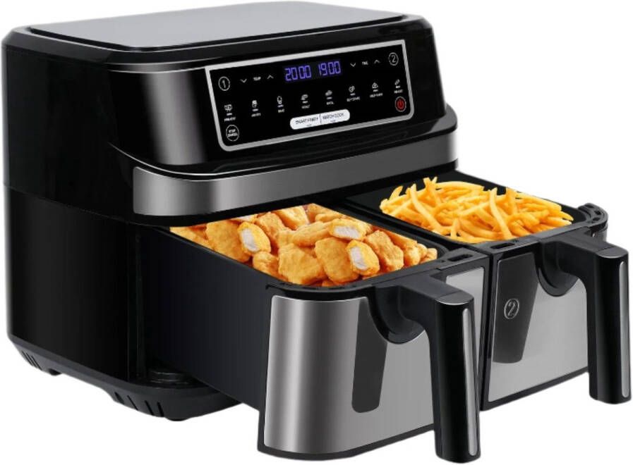Digitale Airfryer PFAS vrij Groot 9 Liter Heteluchtfriteuse Inclusief in hoogte verstelbaar Grillrack 2 onafhankelijke 4 5L lades met LED-touchscreen Zwart Digital screen 8 Voorinstellingen