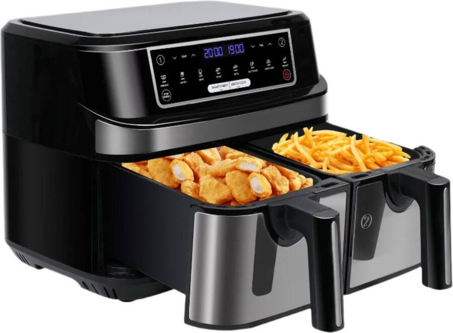 Digitale Airfryer PFAS vrij Groot 9 Liter Heteluchtfriteuse Zwart Digital screen 8 Voorinstellingen Inclusief in hoogte verstelbaar Grillrack 2 onafhankelijke 4 5L lades met LED-touchscreen