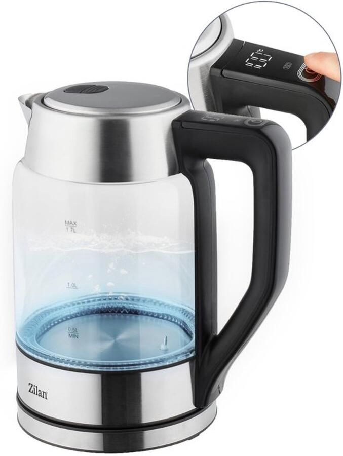 Digitale glazen waterkoker met digitaal paneel blauw ledlicht inhoud 1 7 liter droogkookbeveiliging warmhoudfunctie 2200 W