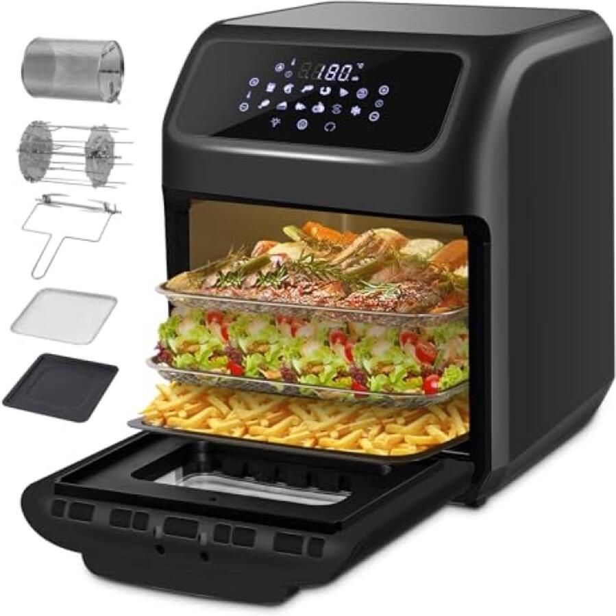 Digitale heteluchtfriteuse met 12 liter inhoud 1800W kracht met 12 programma's en 6 accessoires