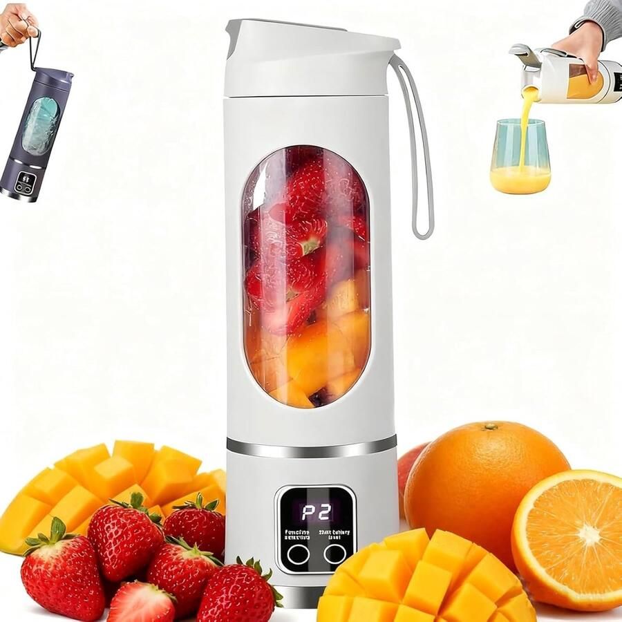 Digitale multifunctionele sapcentrifuge blender LED-display draagbare blender draadloos ontwerp USB-C opladen lekvrij deksel 450 ml inhoud digitaal display sapcentrifuge waarmee je smoothies sap en ijs kunt crushen wit