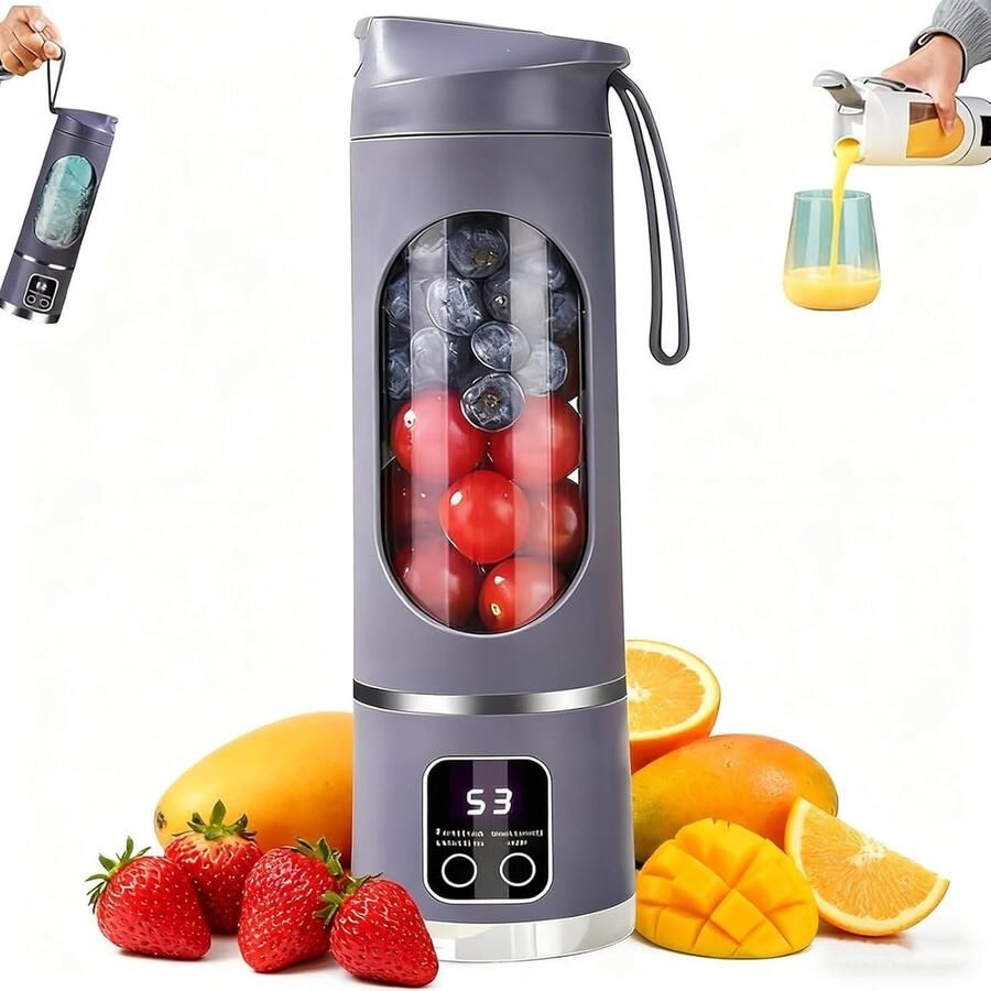 Digitale multifunctionele sapcentrifuge blender LED-display draagbare blender draadloos ontwerp USB-C opladen lekvrij deksel 450 ml inhoud digitaal display sapcentrifuge waarmee je smoothies sappen en ijs kunt crushen paars