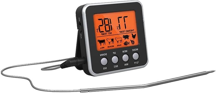 Digitale Vleesthermometer met Rvs Sonde en Magnetische Timer voor Koken en Grillen Zwart Directe Aflezing