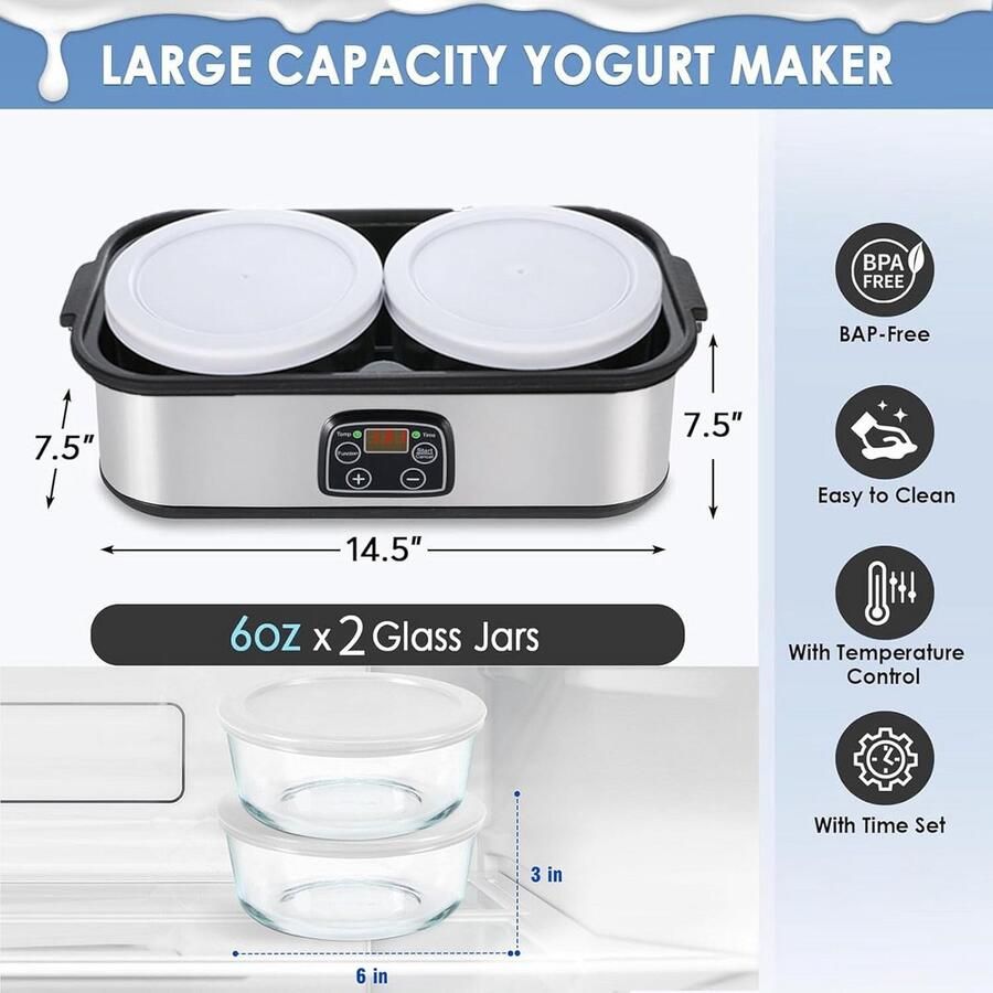 Yogurt Maker Yoghurt Machine Thuis Yoghurt Maken Automatische Temperatuur 2 Liter Capaciteit Zilver