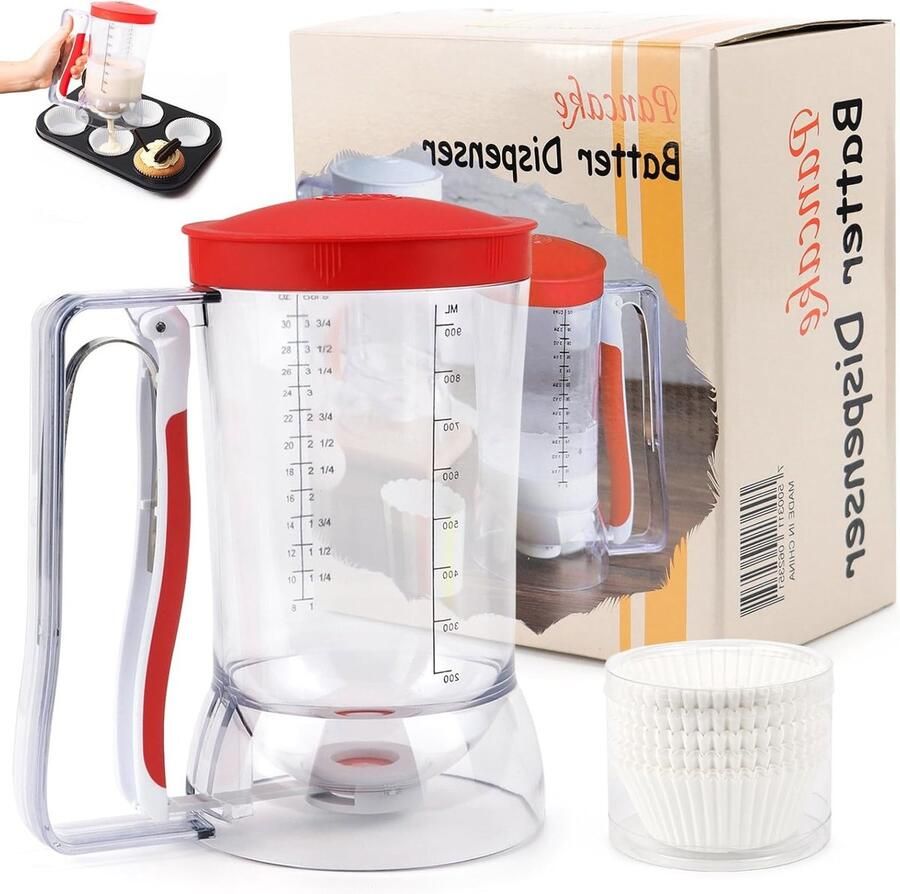 Dispenser voor Pannenkoekenbeslag 900ml met Deksel en Kom Inclusief 100 Papieren Mallen voor Cupcakes Muffins en Wafels
