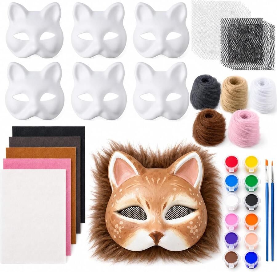 Doe-het-zelf set van 6 stuks papieren Therian Mask met kunstbont oognet en vilten doek gezicht dier kat maskers met accessoires voor Halloween maskerade cosplay