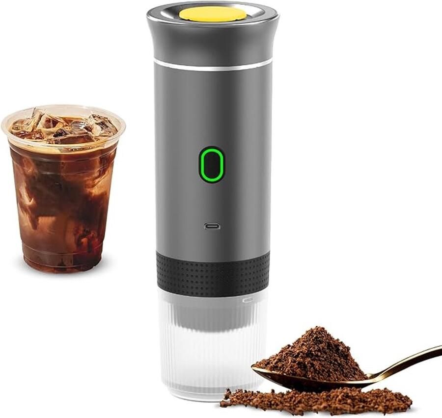 Donkergrijze draadloze koffiemachine voor in de auto thuis en op reis 3-in-1 elektrische koffiemachine geschikt voor capsules of gemalen koffie mini-koffiemachine met 15 bar druk voor koud en warm koffiezetten kop met een inhoud van 150 ml