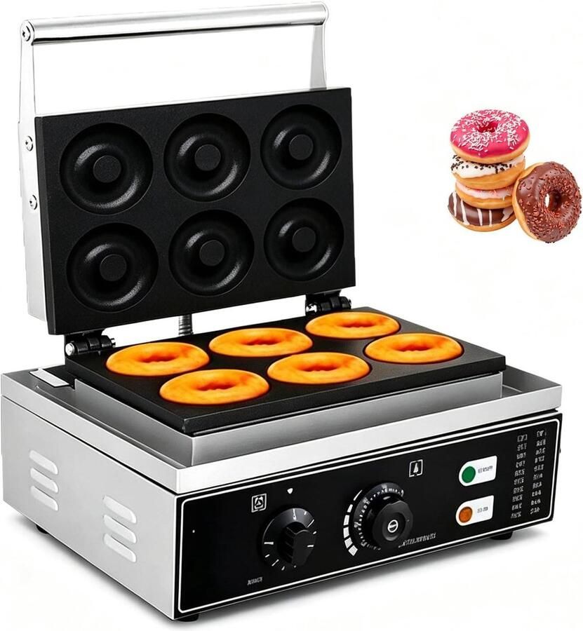 Donutmaker Machine Mini Donut Bakker Thuis Bakken Instelbare Temperatuur Tijd 6 Compartimenten Zilver