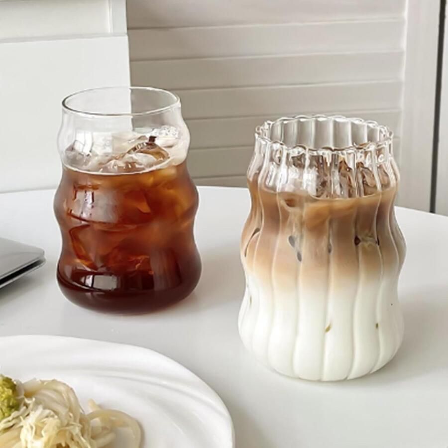 Doorzichtige Glazen Kopjes IJskoffie Set van 2 Koffieglasbekers Koffiekopjes Geribbelde Drinkglazen Dessertglazen Theeglas Geribbelde Koffiemok voor Thee Melk Whisky