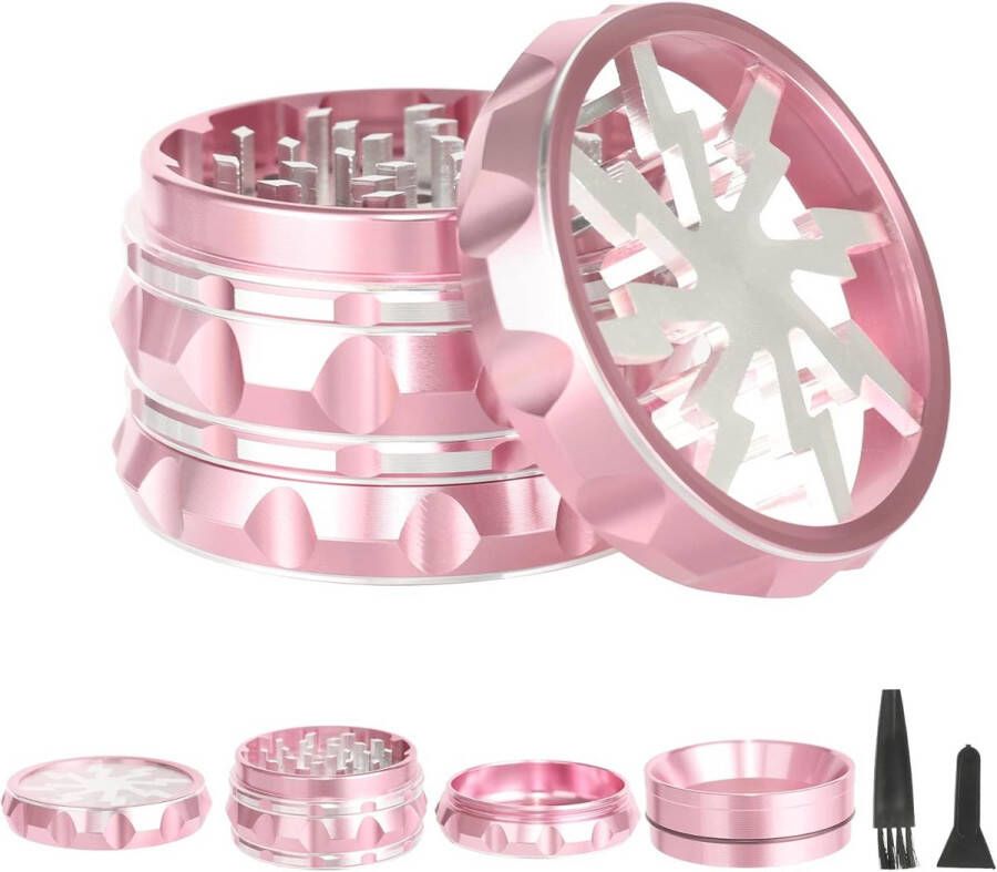 Doorzichtige Kruidenmolen 6 3 cm 4 Stuks Aluminium Met Stuifmeelschraper En Reinigingsborstel Roze