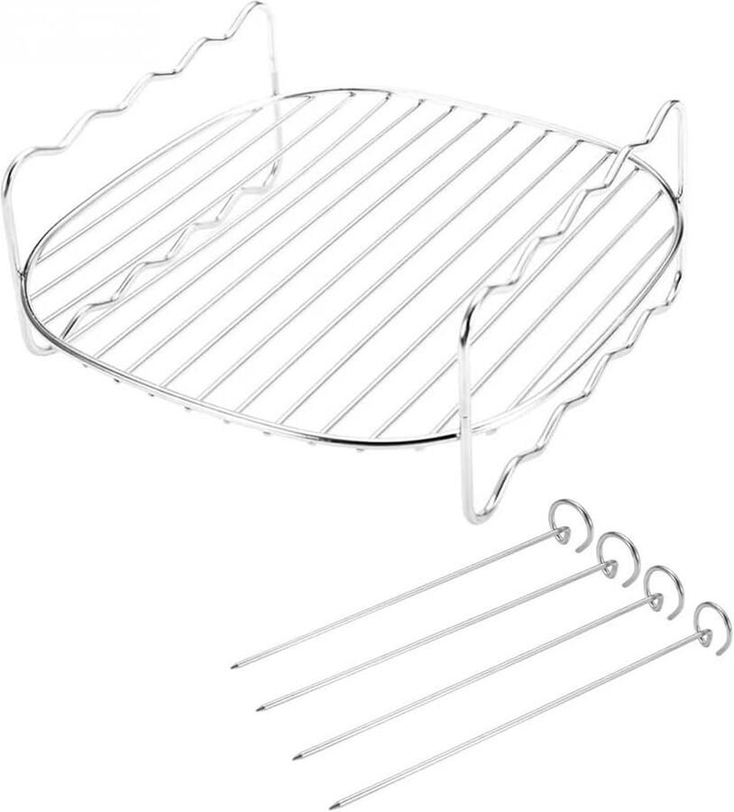 Double Layer Rack Multifunctionele Air Fryer Accessoires met 4 Spiesen 7 Inch RVS Air Fryer Grill Pan