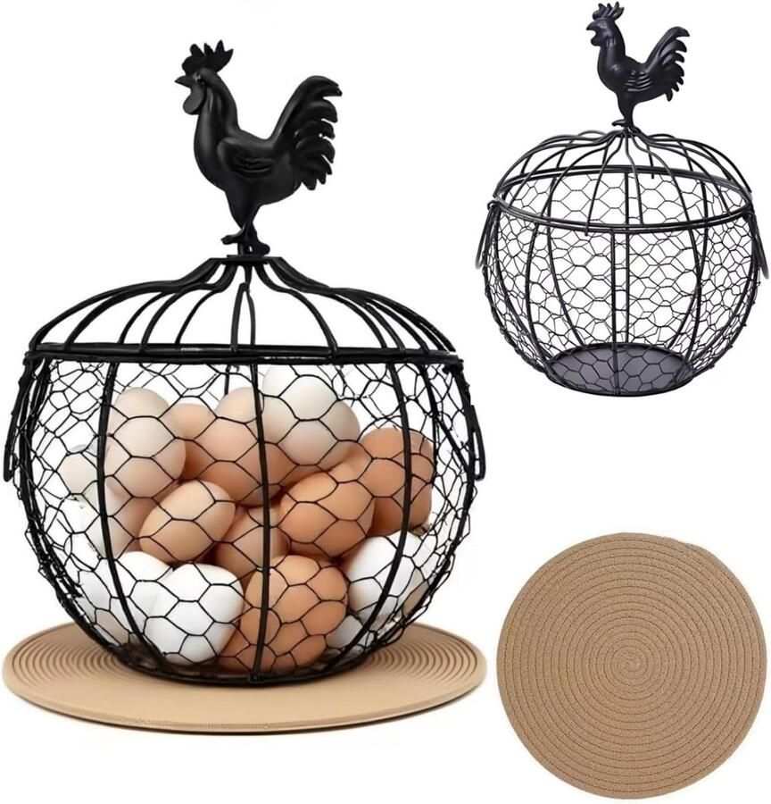 Draad Eiermand Metalen Mand Eieren Verzamelen Met Handvat 29.5cm Hoog Zwart