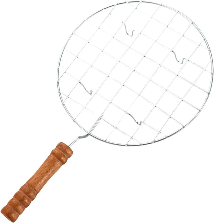 Draad Roosterrek Grillrek Bakrek Buiten Koken Met Houten Handvat 19 cm Diameter Zilverkleurig