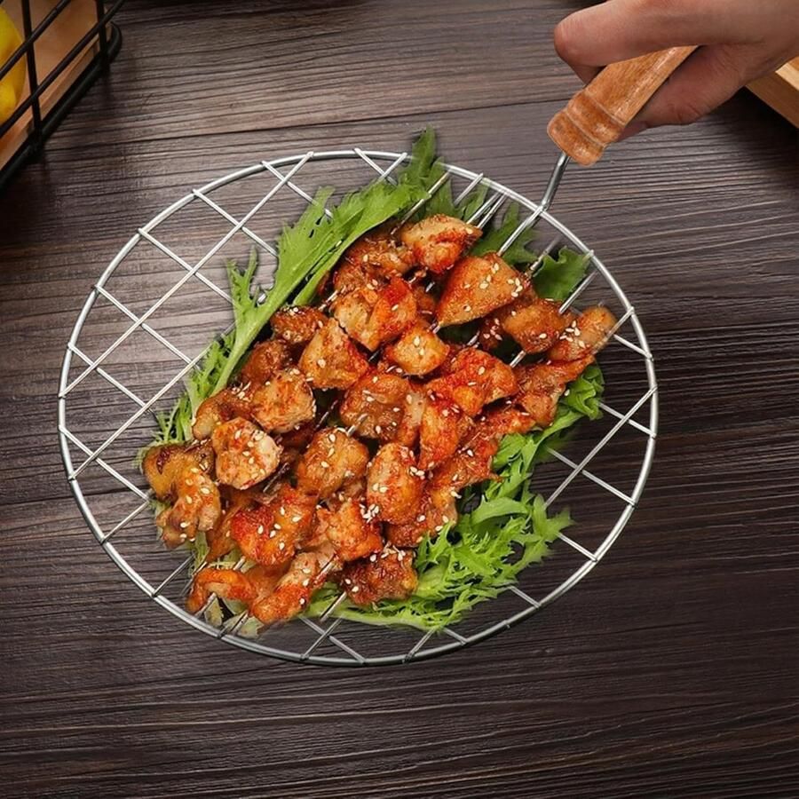 Draadbraadstandaard Grillnet met handvat Bakken en grillen Anti-verbrandingsbescherming 19 cm diameter Houten handvat