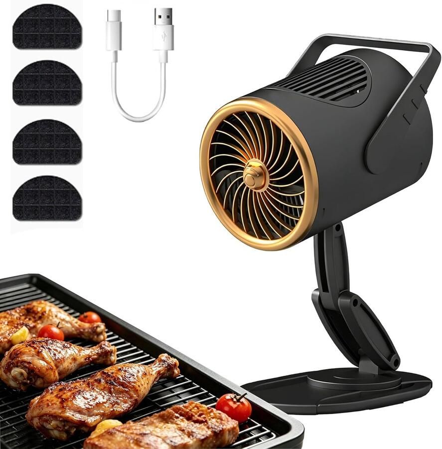 Draadloze draagbare afzuigkap voor de keuken – Oplaadbare afzuigventilator met 3 snelheidsstanden verwijderbare olieopvangbak en 4 actieve koolstoffilters voor appartementen campers en binnenbarbecues en kooktoestellen