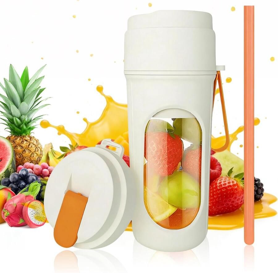 Draadloze Draagbare Blender in Crème met 12 Mesjes Dubbele Deksel Rietje en Veiligheidsslot – Oplaadbaar via USB-C voor Smoothies & Verse Sappen