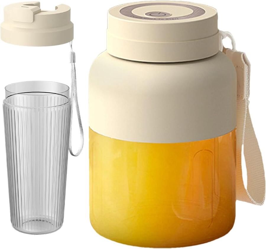 Draadloze Draagbare Blender in Crème met Dubbele Bekers & Dubbele Deksel (800ml) – Oplaadbaar met Scherpe Mesjes voor Smoothies & Verse Sappen