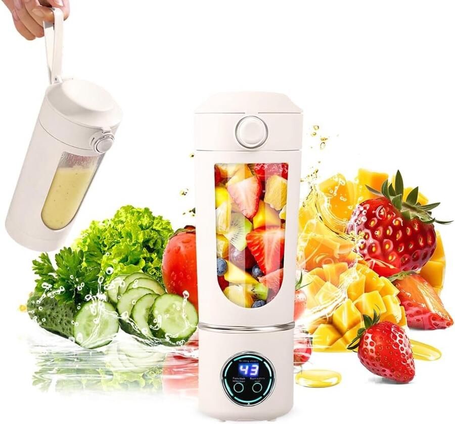 Draadloze Draagbare Blender met Dubbele Deksel en Digitaal Scherm (700ml) – Oplaadbaar met 12 Roestvrijstalen Mesjes voor Smoothies Sappen en Onderweg