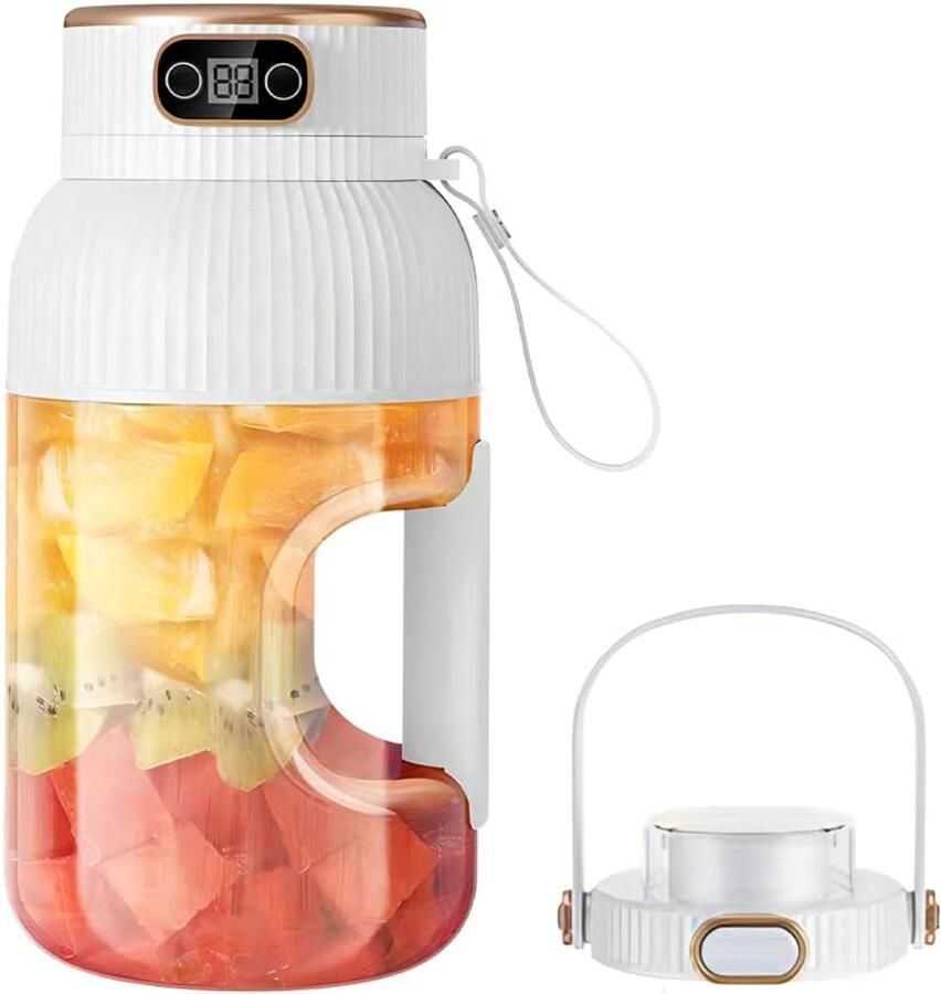 Draadloze Draagbare Blender met Dubbele Deksel en Digitaal Scherm – Oplaadbaar met 10 Mesjes voor Smoothies en Verse Sappen，wit