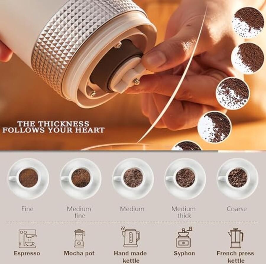 Draadloze elektrische koffiemolen met keramisch maalwerk voor espresso en French Press